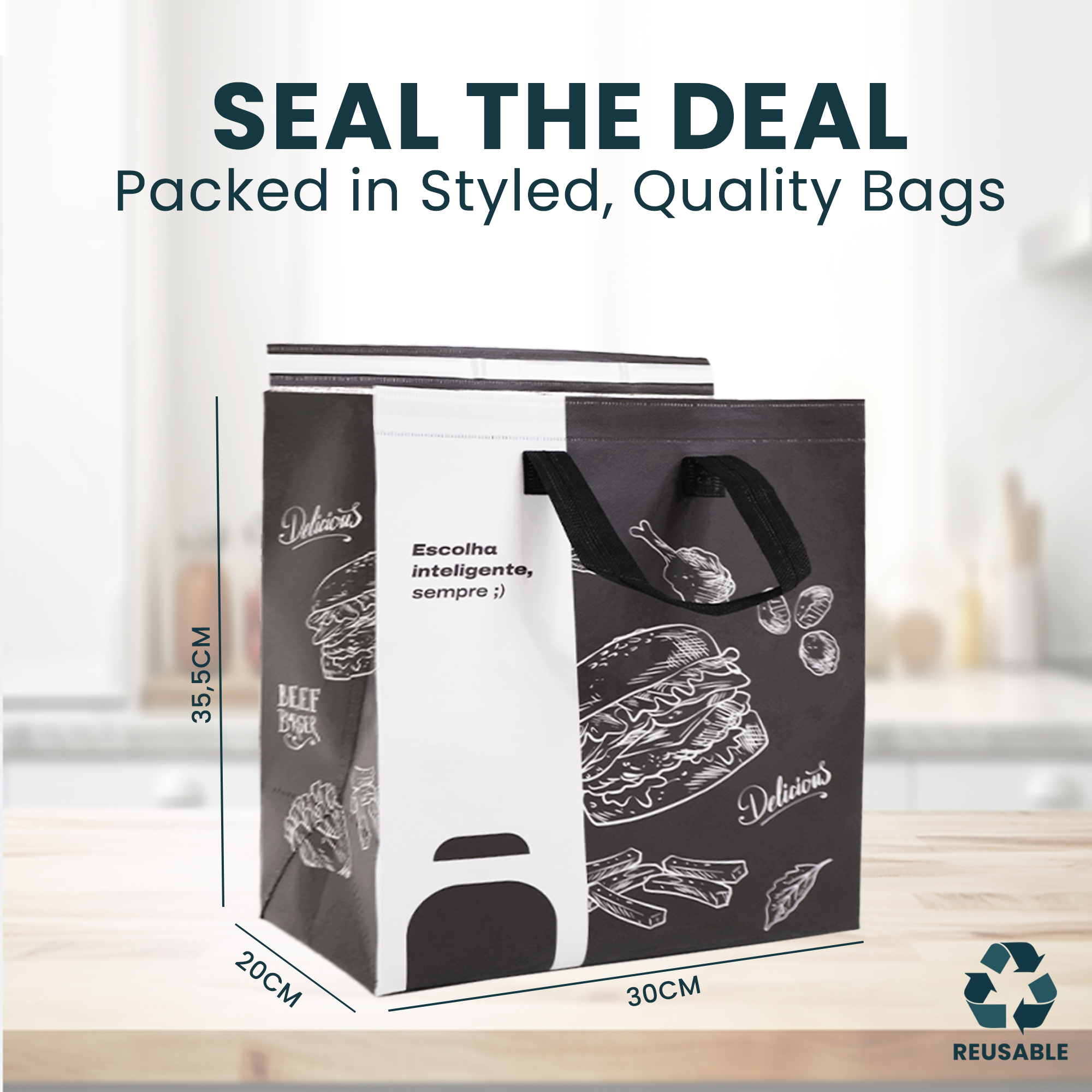 Reusable Laminated Take Away Bag with Adhesive Seal | 70GSM, 21L