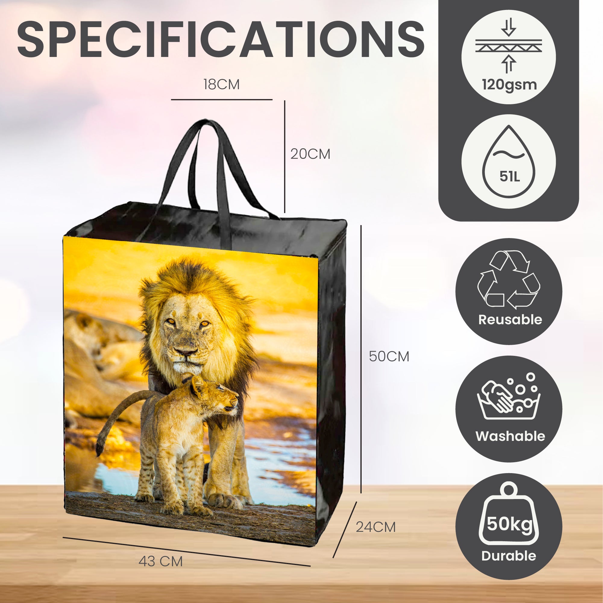 Wildlife Reusable Laminated Taxi Shopping Bag with Zipper | 120GSM, 51L