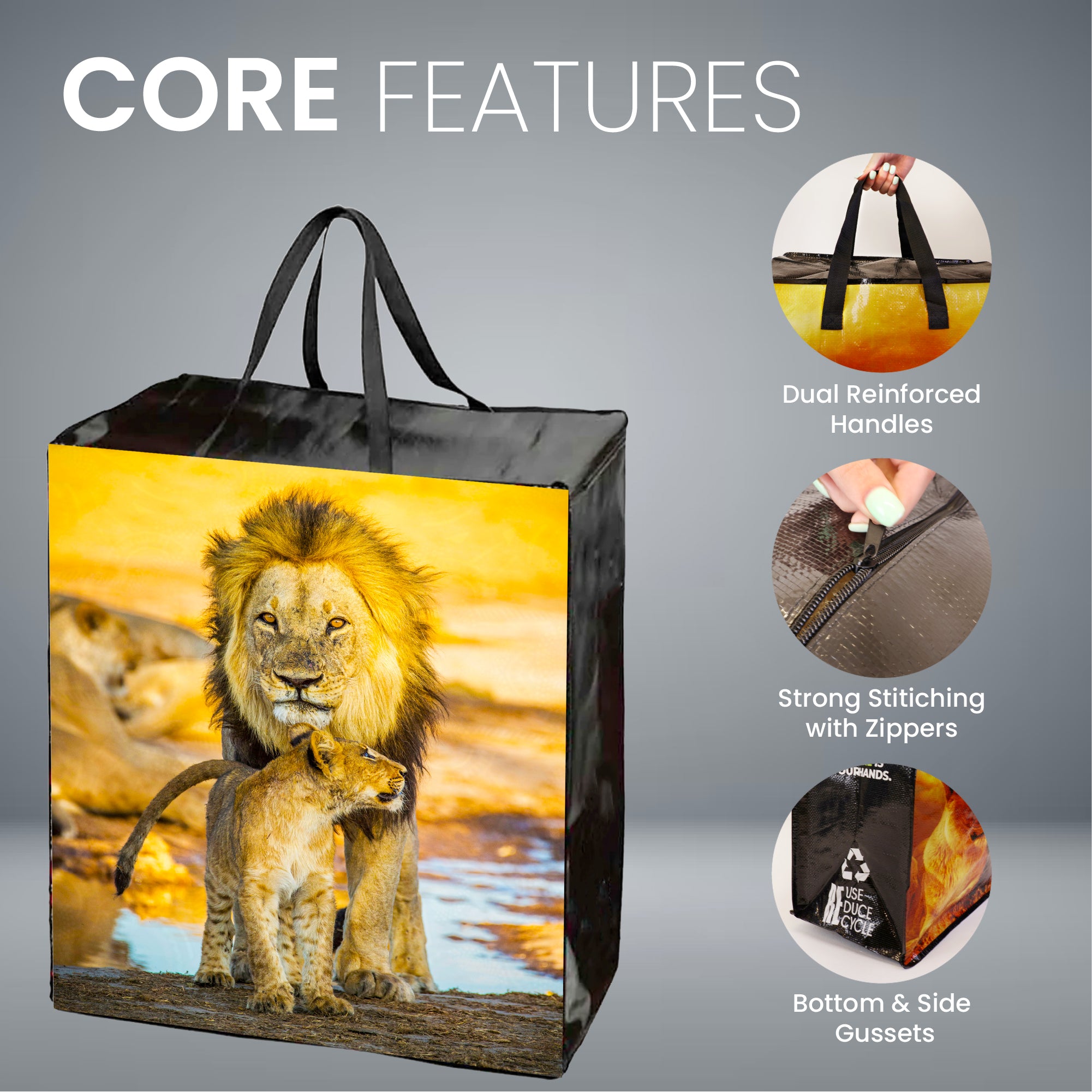 Lion Reusable Laminated Taxi Shopping Bag with Zipper | 120GSM, 51L