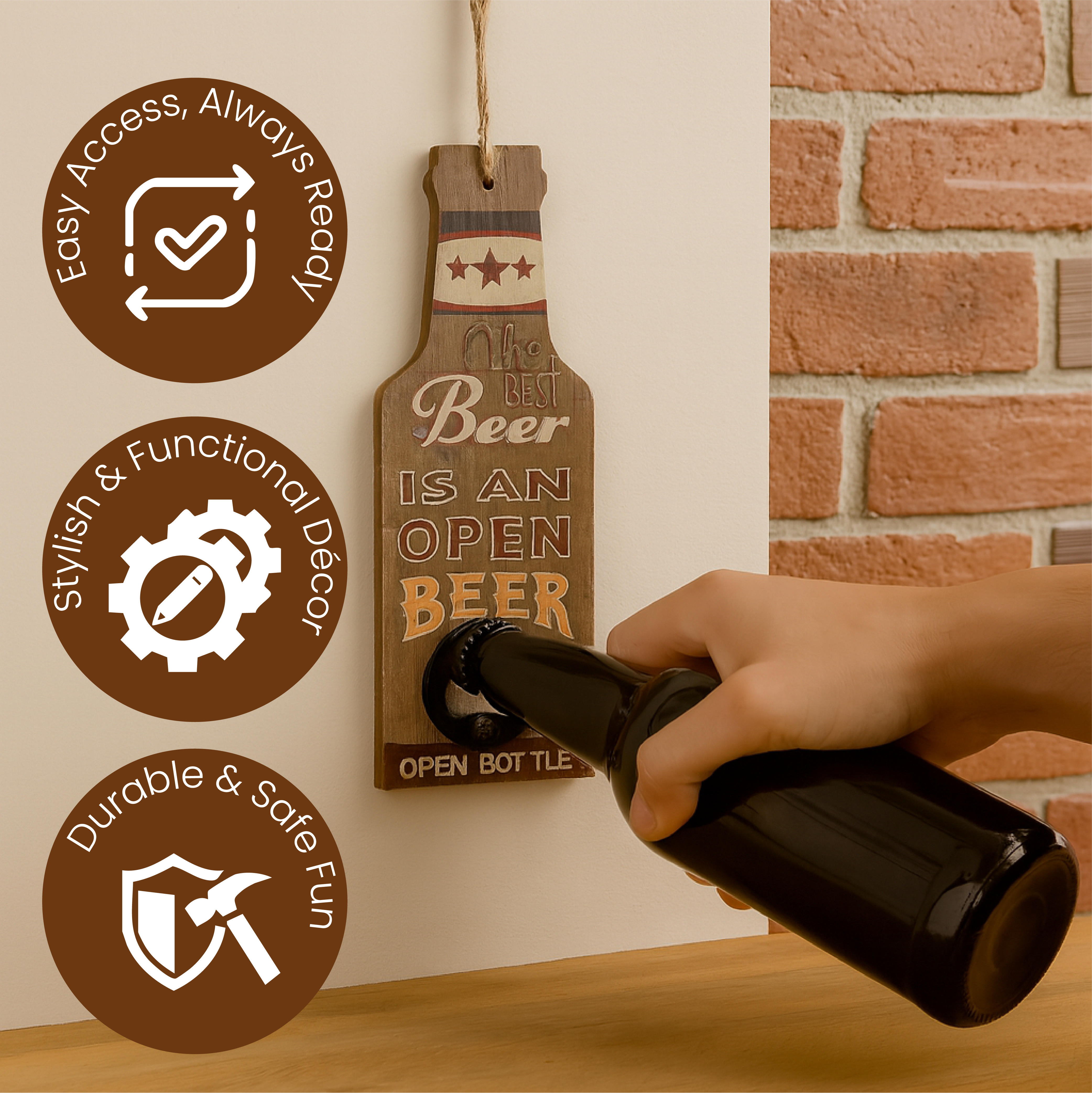 Abridor de botellas de cerveza con cuerda para colgar en la pared