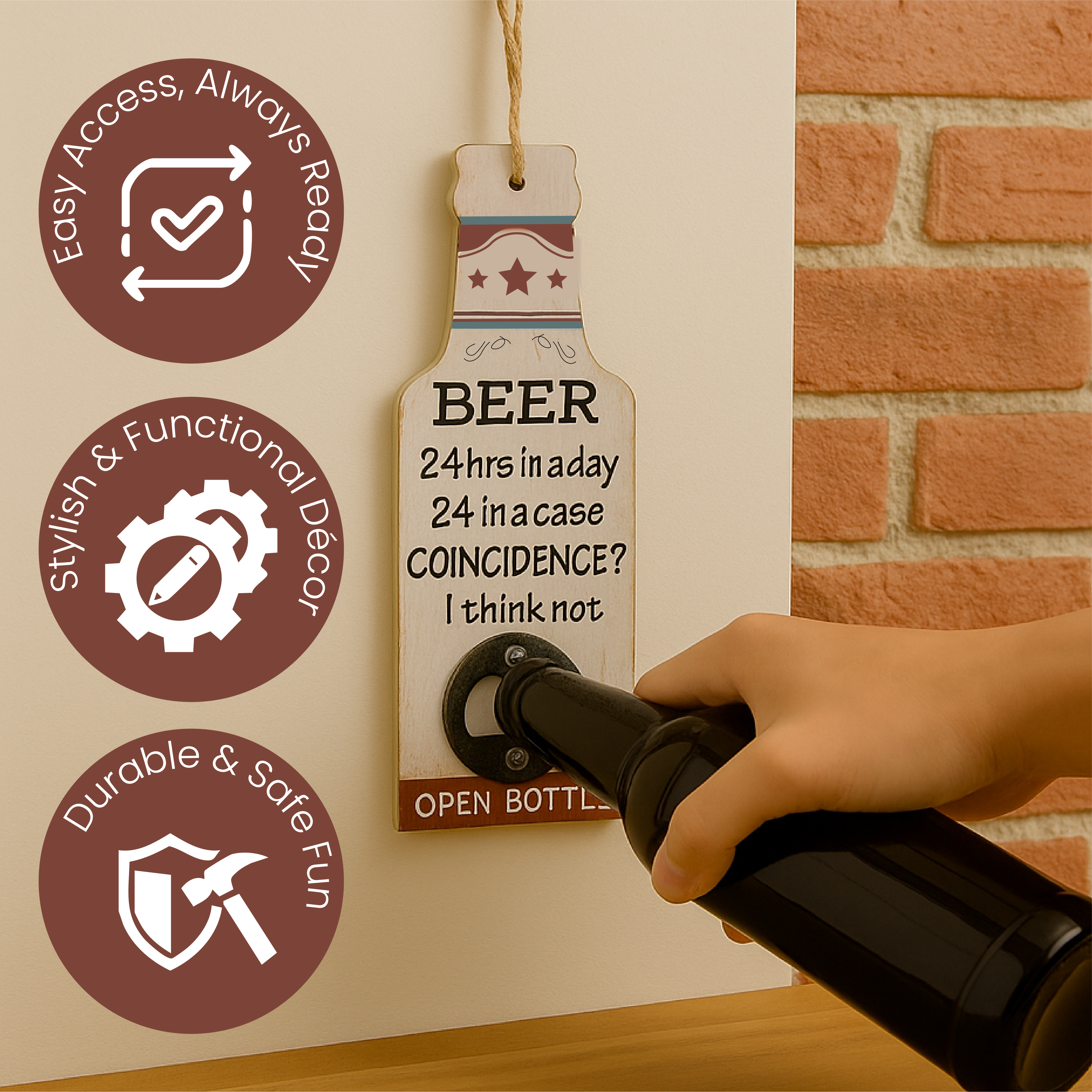 Abridor de botellas de cerveza con cuerda para colgar en la pared