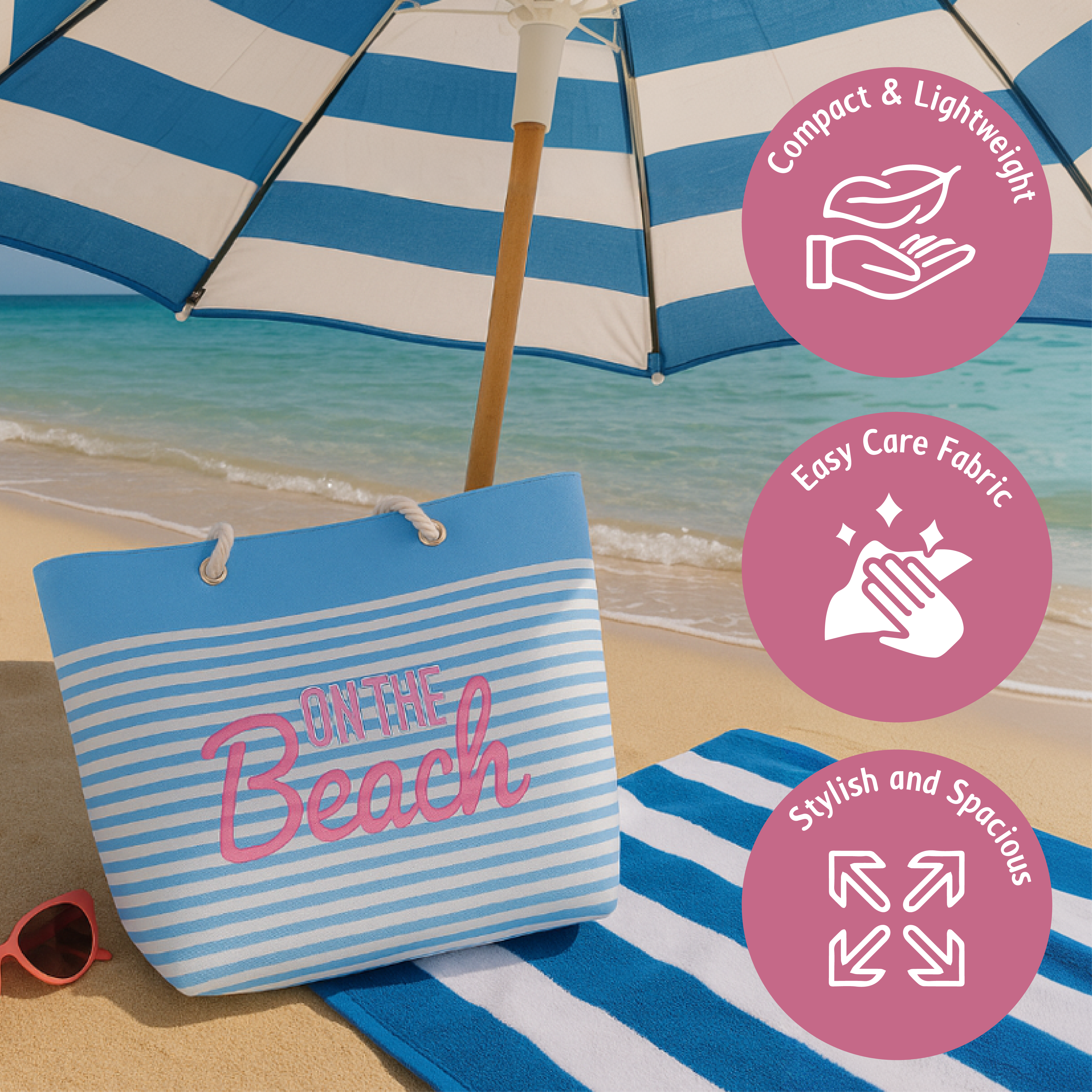 Bolso de playa de rayas con asas de cuerda