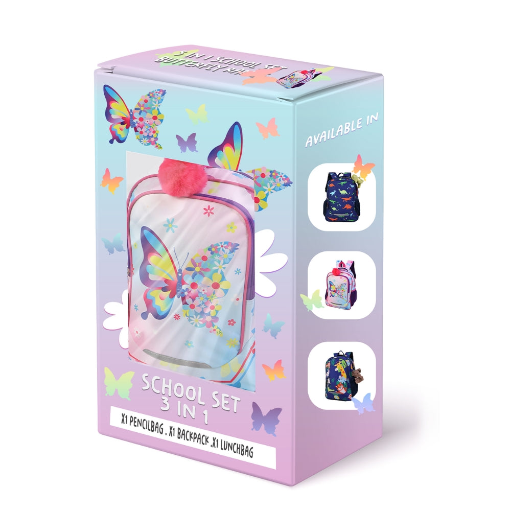 Mochila infantil Butterfly 3 en 1 con lonchera y bolsa para lápices
