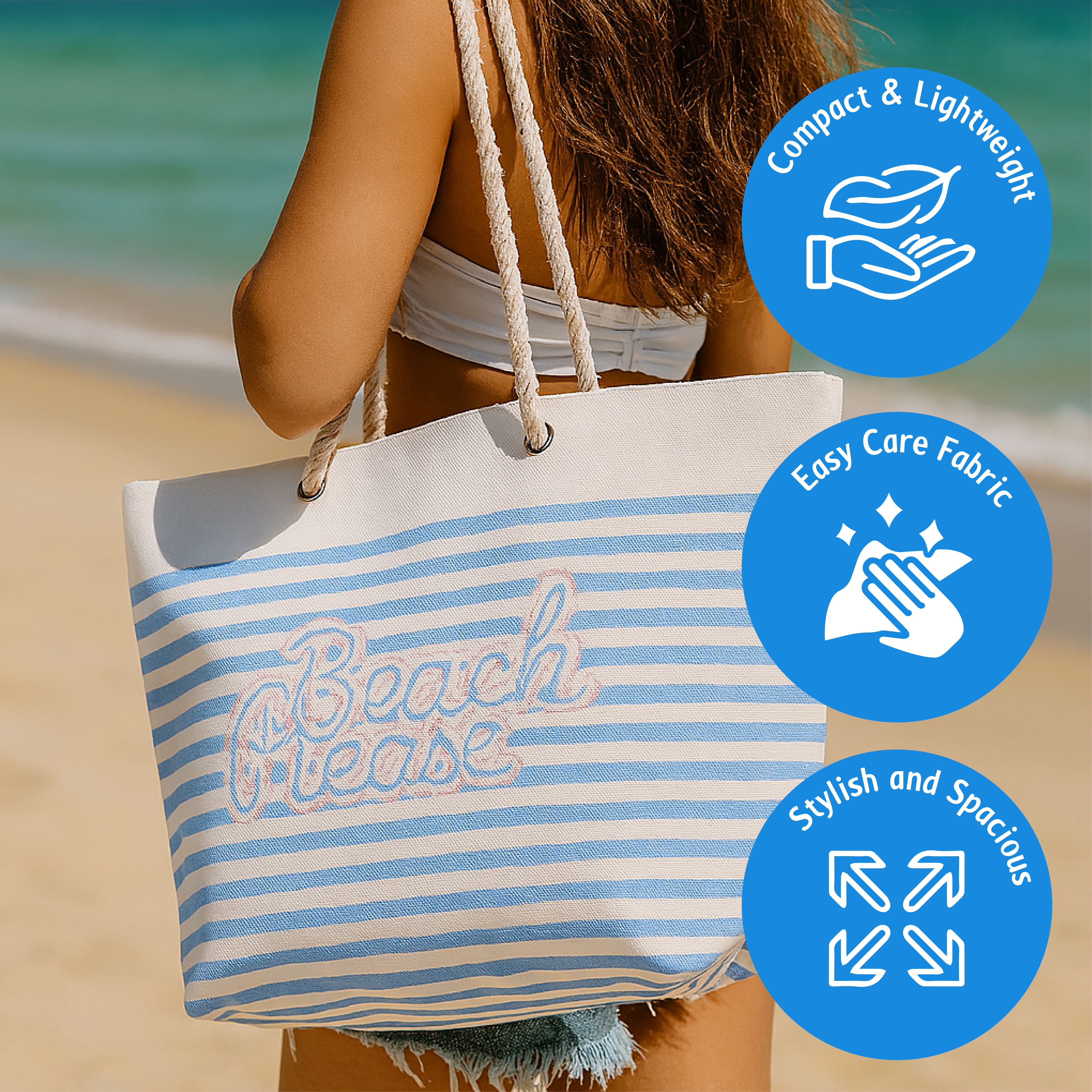 Bolso de playa de rayas con asas de cuerda