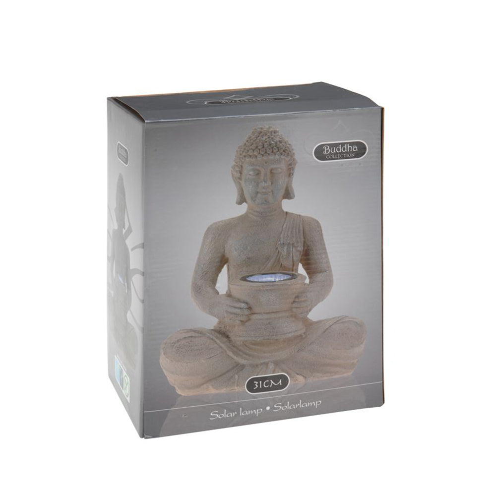 Eco-friendly modern solar powered buddha statue from Netherlands is powered by a solar panel on the back, the solar-powered LED garden light absorbs energy directly from sunlight. Decor for outdoor patio, garden, living room. The solar-powered light will shine for 6 hours when fully charged. Size 21cm x 14cm x 28cm. Bags Direct wholesale online shop 095500290