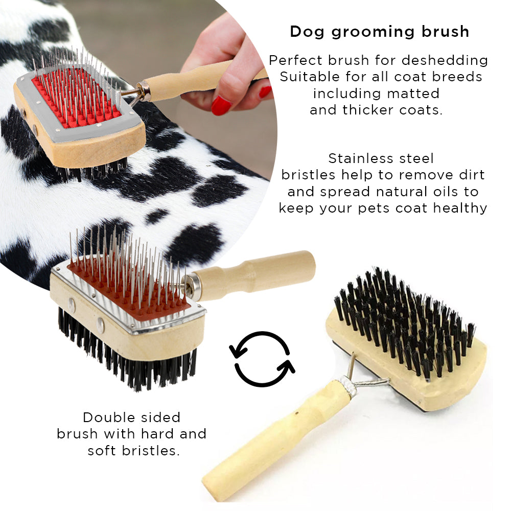 Wooden Dog Brush with Hard and Soft Bristles - Double Sided Brush