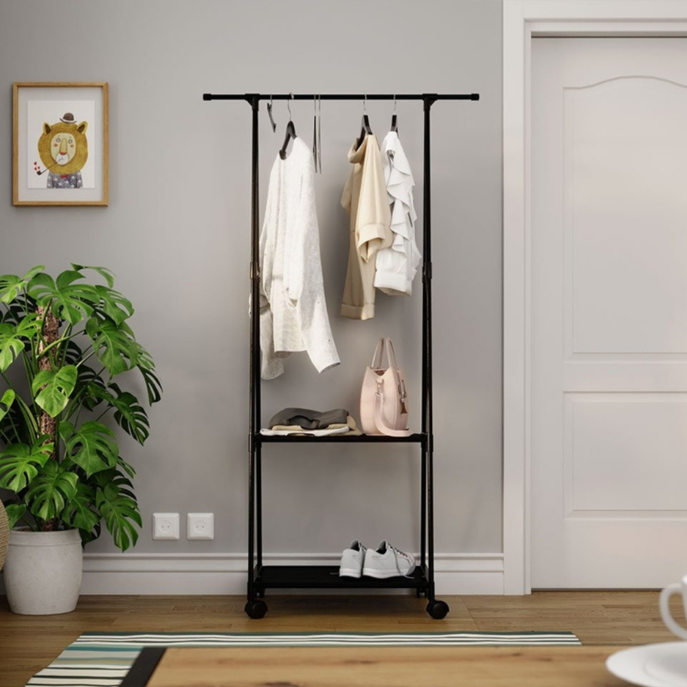 Clothing Rack - Hanger with 2 Shelves and 4 Wheels - 62cm