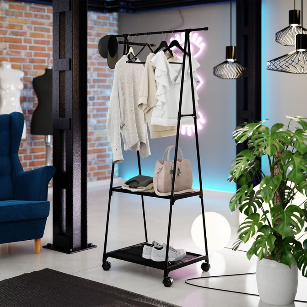 Clothing Rack - Hanger with 2 Shelves and 4 Wheels - 62cm