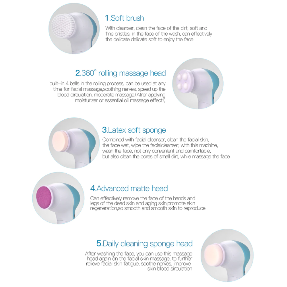 Facial Cleansing Brush Set of 5 with Batteries