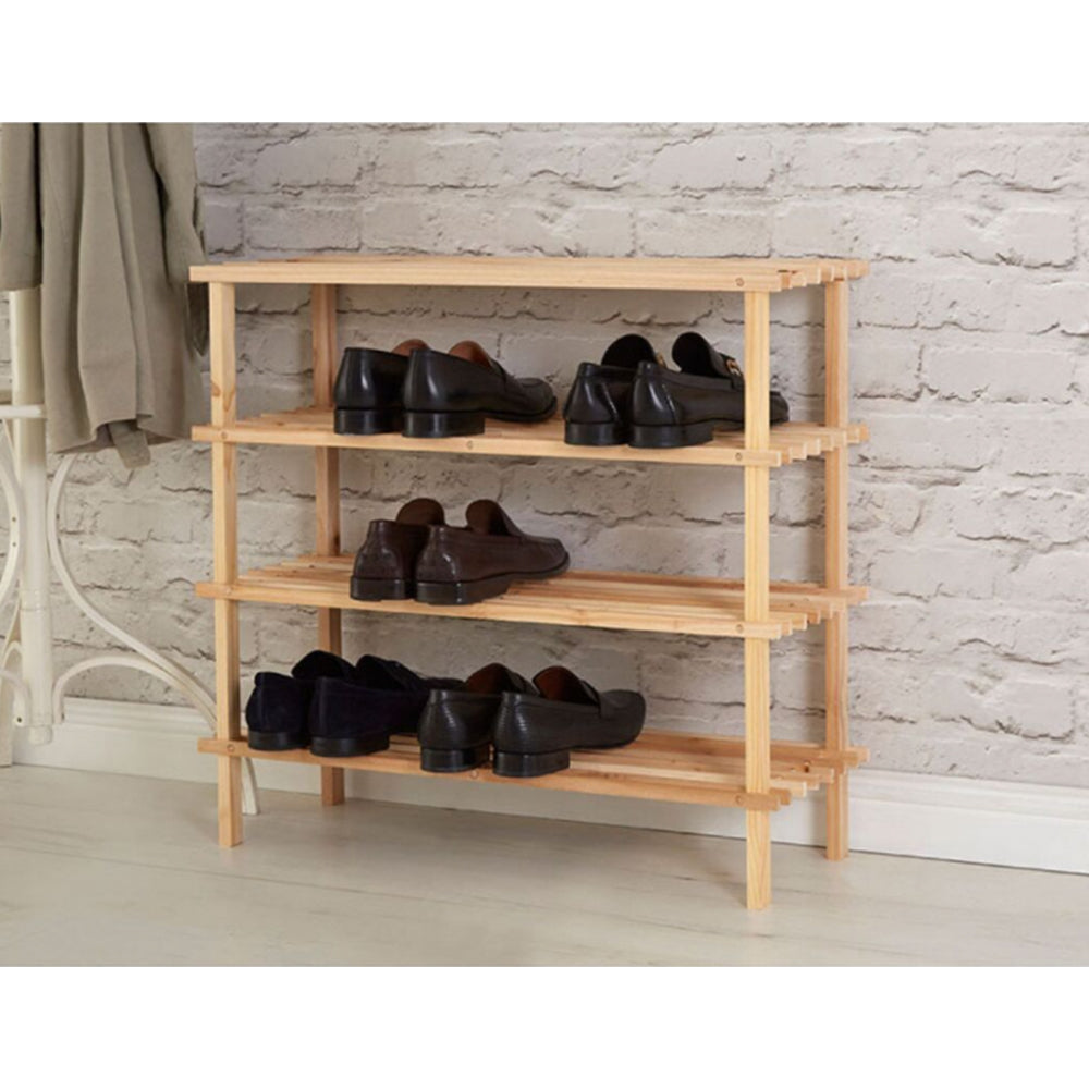 Eco-friendly firwood shoe rack 4 Shelves from Netherlands can be used as a combination of shoe shelves and storage for apparel or other accessories. Organize in your hallway, living room and bedroom. Each storage shelf holds up to 3-4 pairs of shoes as designed to be space-saving. Size Assembled: 77 x 26 x 65cm - Bags Direct wholesale online shop