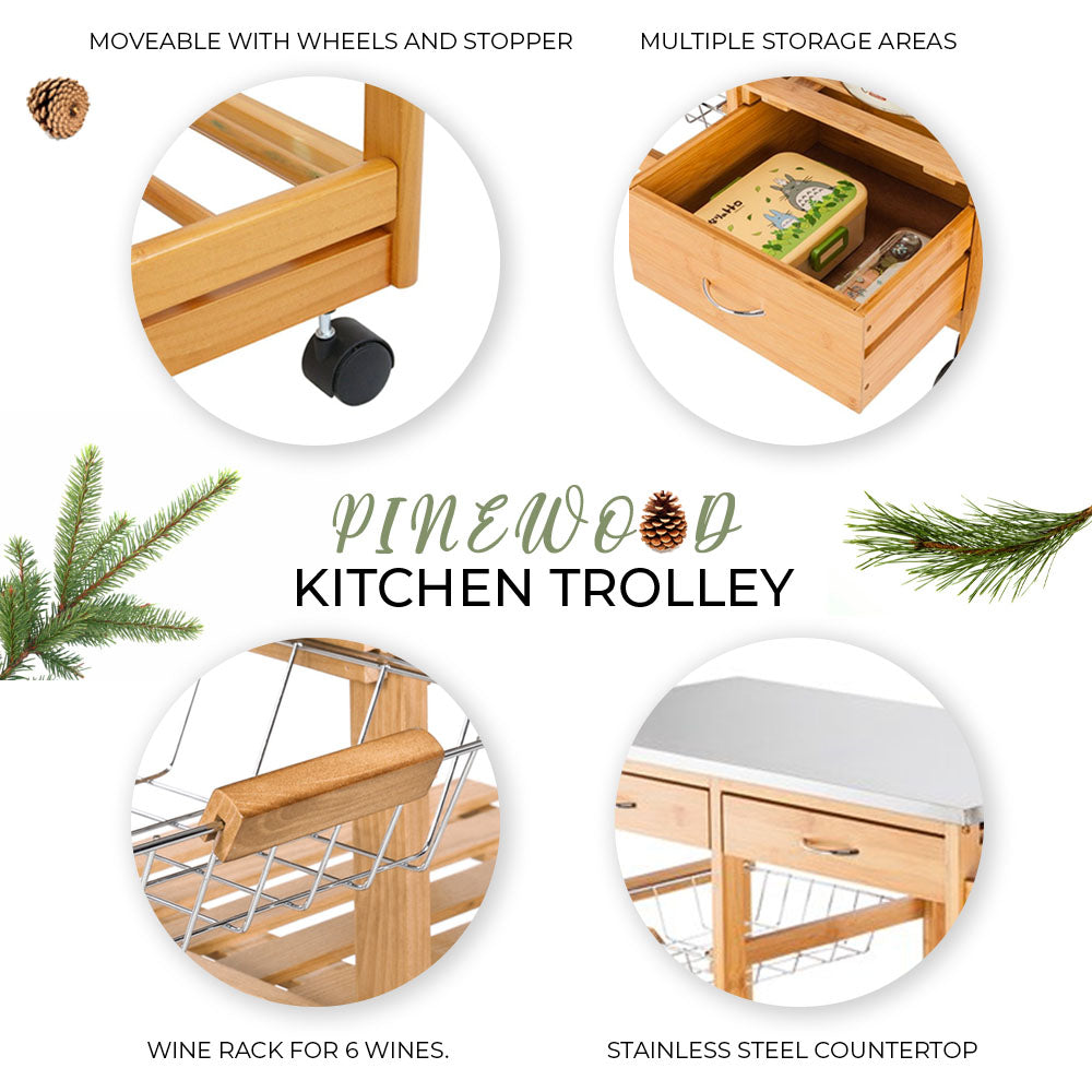 Pinewood Kitchen Trolley with Stainless Steel Countertop