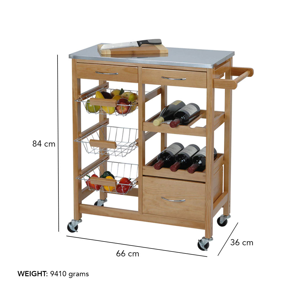 Carro de Cocina de Madera de Pino con Encimera de Acero Inoxidable 