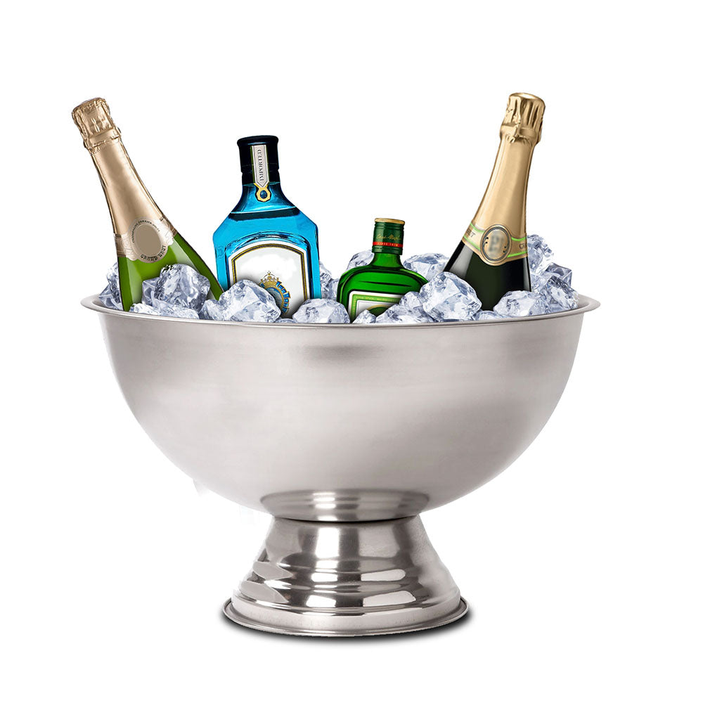 Matt finish stainless steel Champange ice cooler bowl on foot from Netherlands is perfect for any party, bar, home bar, event and special occasion. It can be used to store ice with your beverages to cool down your drinks or as a punch bowl. It can fit 5 - 8 bottles. Large enough to store up to 4 litres. Size: 39 x 24cm. Bags direct wholesale online shop