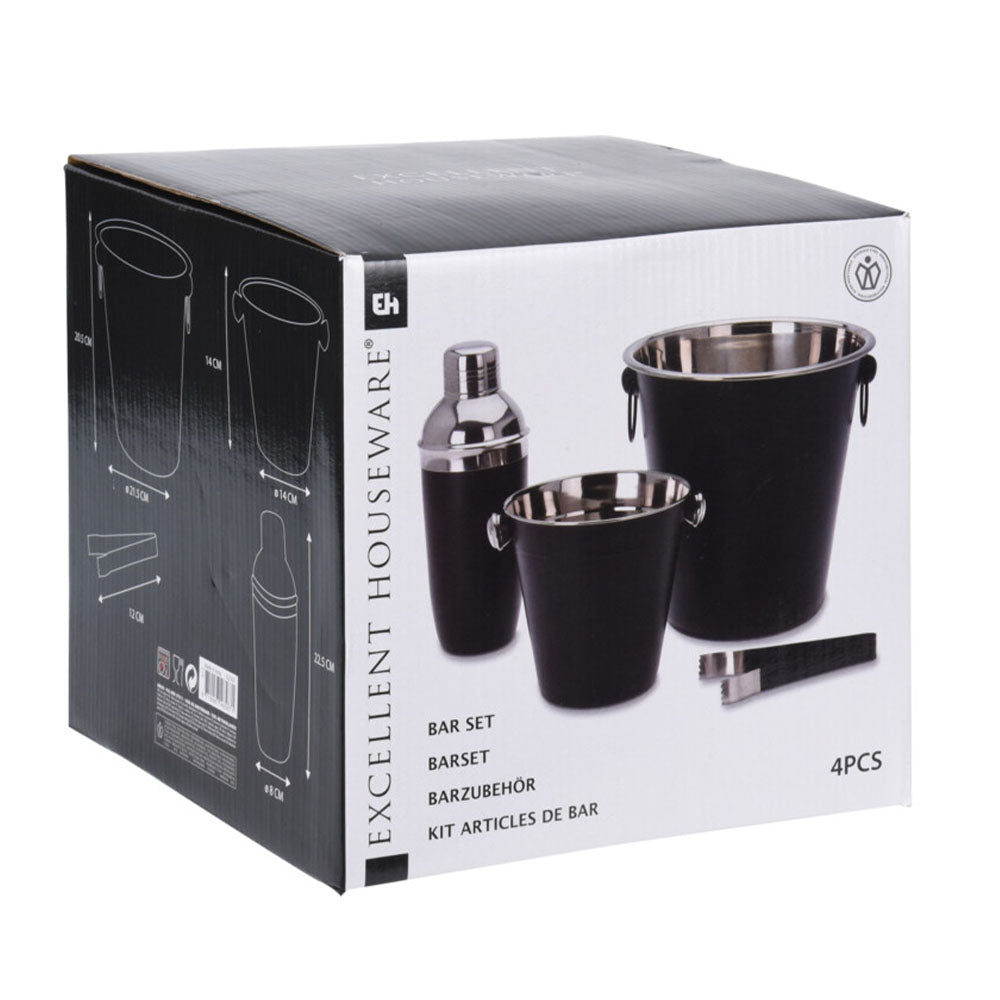 Stainless Steel Bar Set of 4 with 500ml Cocktail Shaker, 1 Ice Bucket, 1 champagne cooler and 1 Tong is a all in 1 cocktail set for bars, home bars, events and parties. The ice buckets will keep your wine, brandy, vodka and other beverages cold. Dishwasher safe, but hand washing is recommended. Size packed: 23 x 23 x 23cm. Bags Direct wholesale online shop A12405600