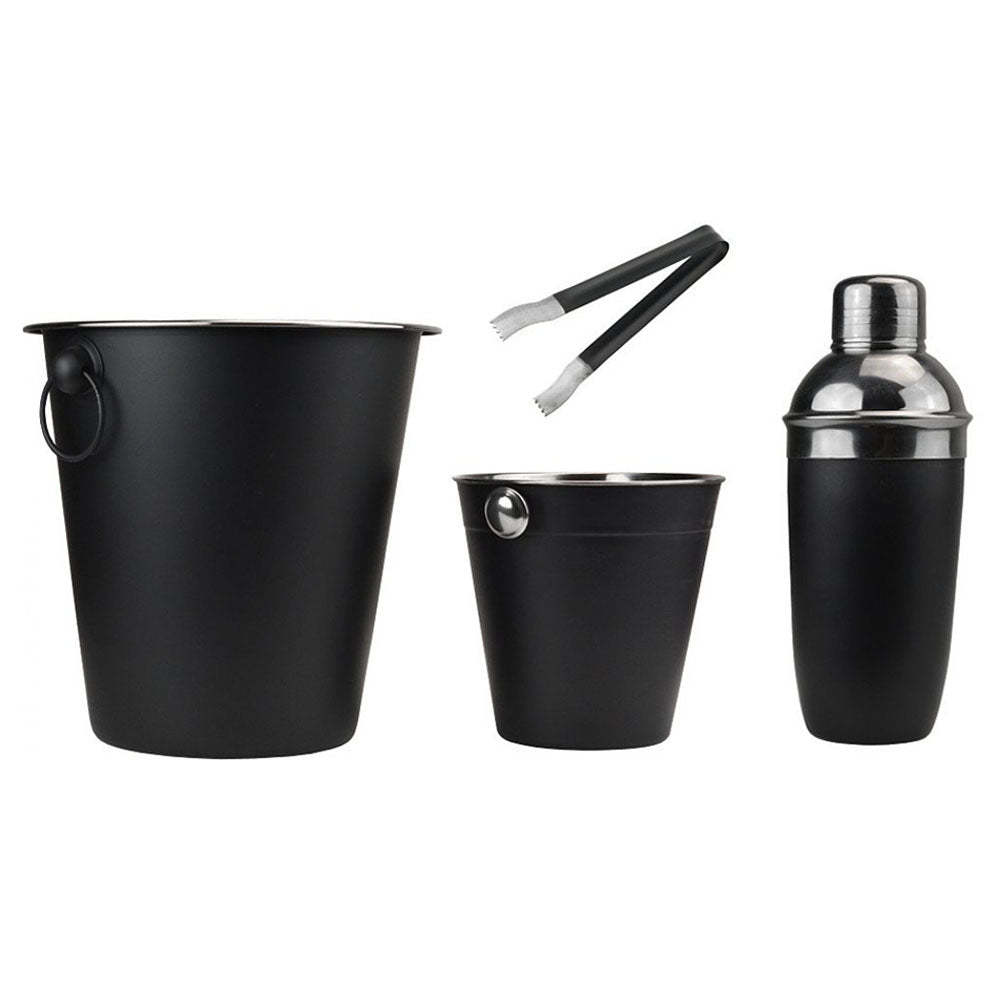 Stainless Steel Bar Set of 4 with 500ml Cocktail Shaker, 1 Ice Bucket, 1 champagne cooler and 1 Tong is a all in 1 cocktail set for bars, home bars, events and parties. The ice buckets will keep your wine, brandy, vodka and other beverages cold. Dishwasher safe, but hand washing is recommended. Size packed: 23 x 23 x 23cm. Bags Direct wholesale online shop A12405600