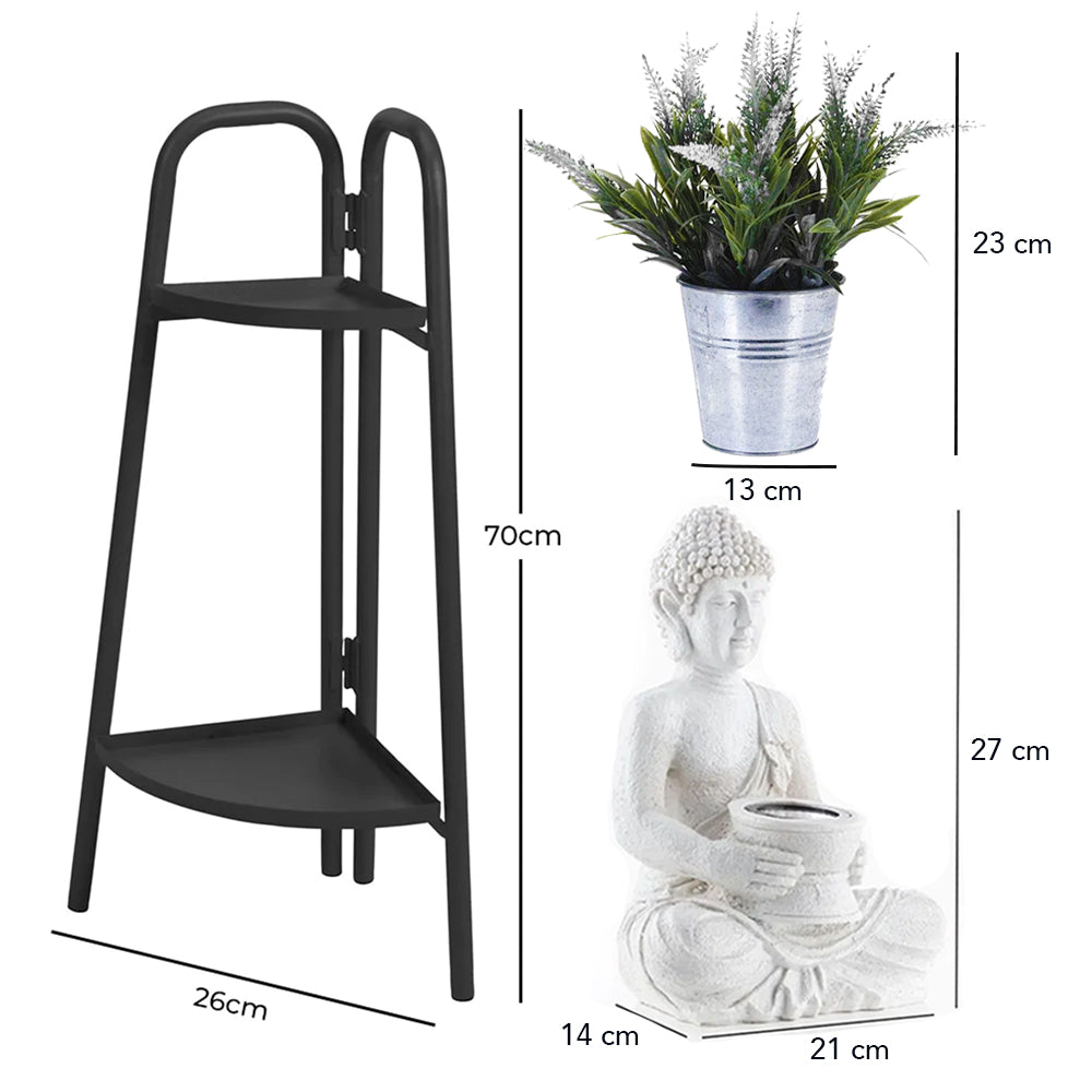 Home Decor - Solar Buddha, 2 Tier Corner Shelf, Artificial Plant