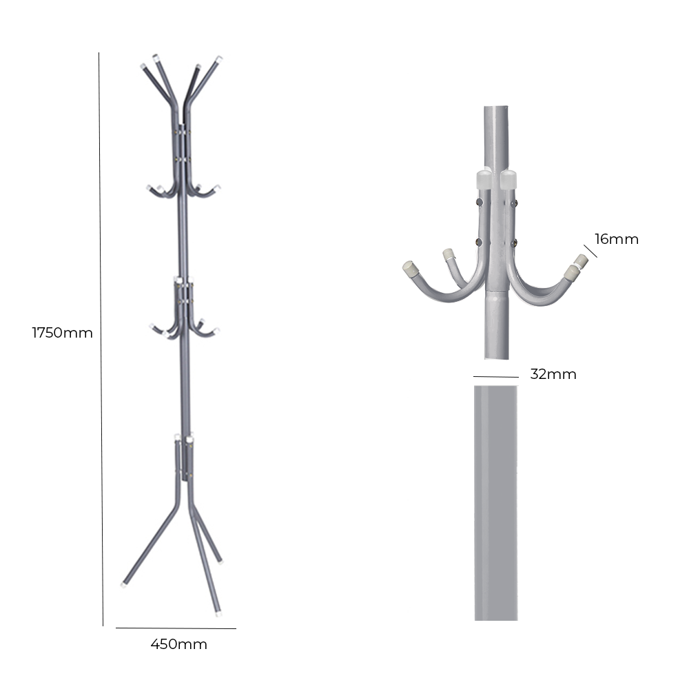 Iron Coat and Hat Rack with 12 Hooks - 170cm