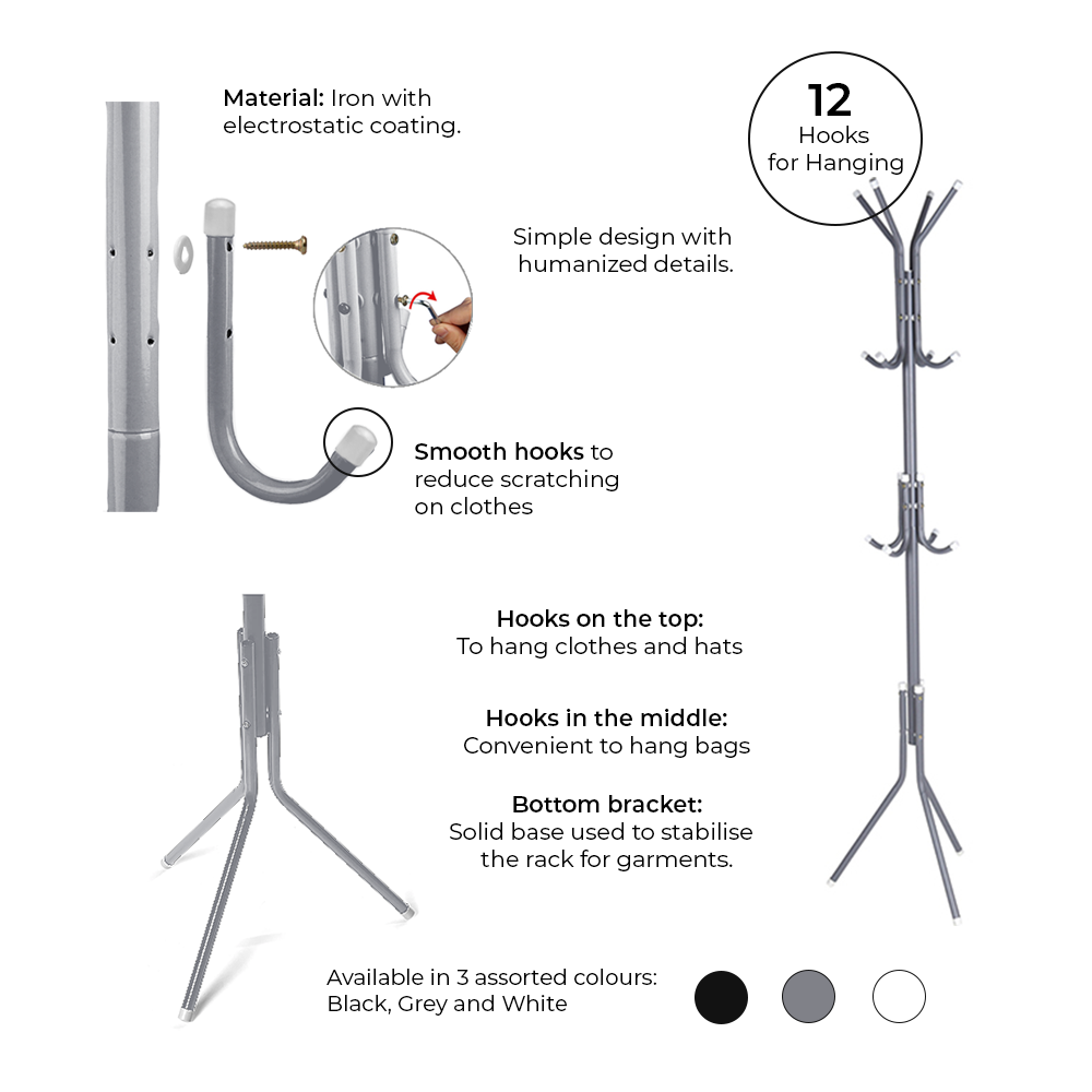 Iron Coat and Hat Rack with 12 Hooks - 170cm