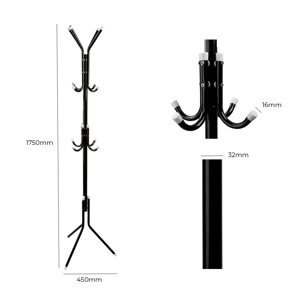 Iron Coat and Hat Rack with 12 Hooks - 170cm