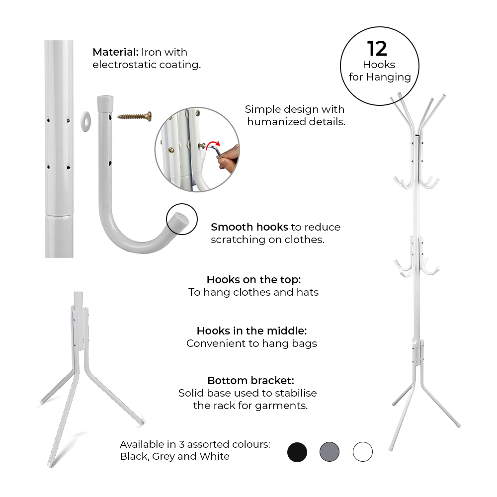 Iron Coat and Hat Rack with 12 Hooks - 170cm