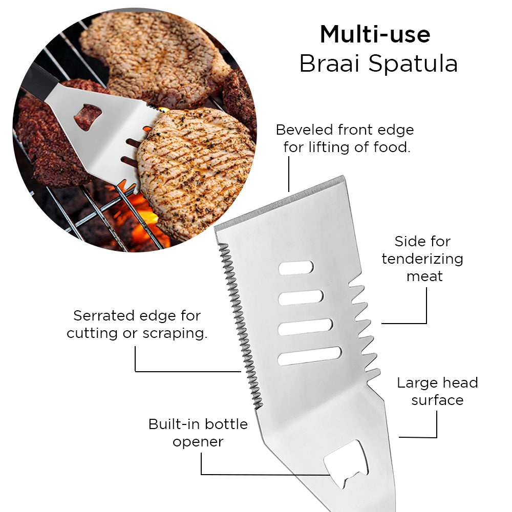 Braai Spatula with Dual Knives & Bottle Opener - Stainless Steel