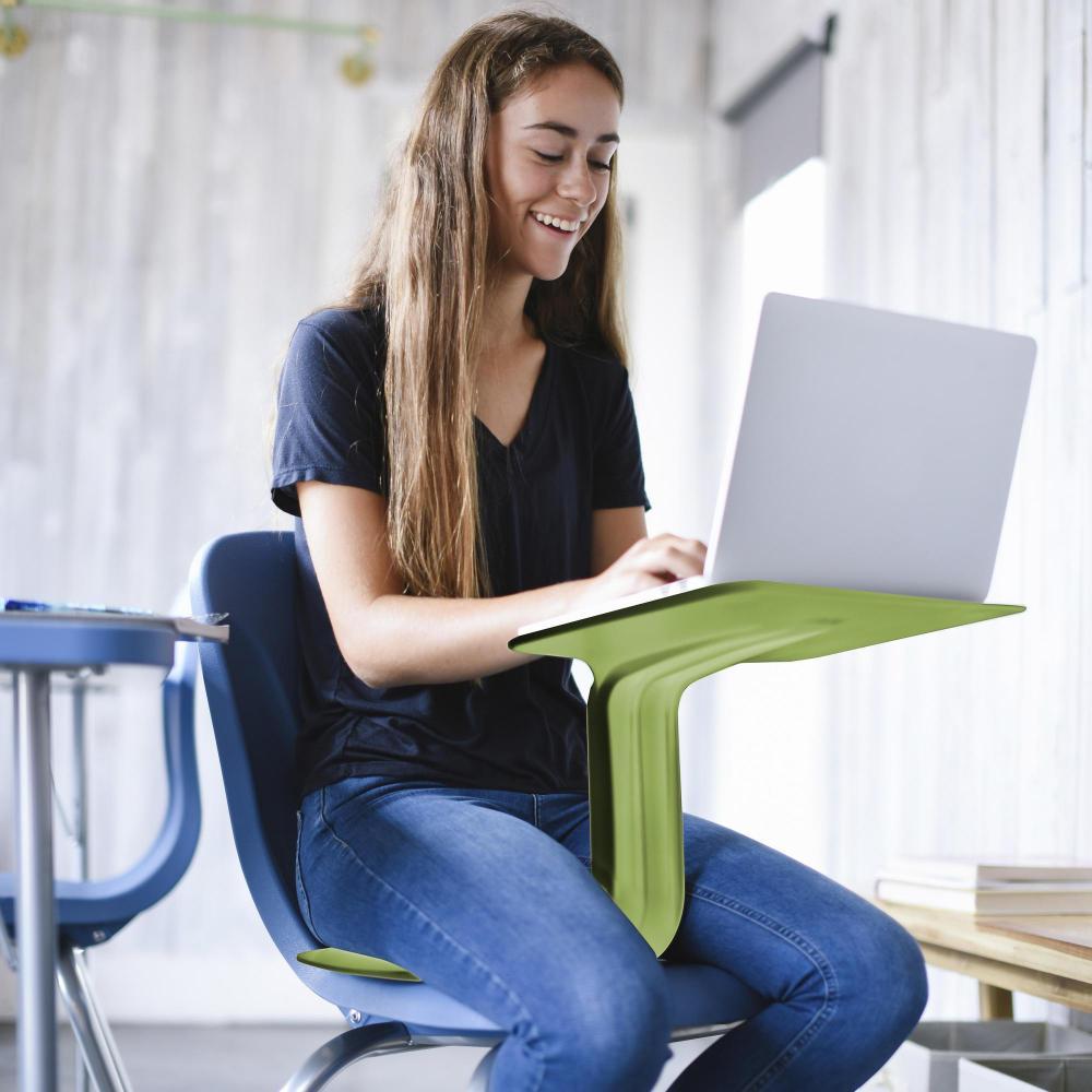 Bags Direct - Portable Flexible Laptop Desk with Seat and Slot Hole - DN-K-26 - university student typing on laptop while sitting on portable laptop desk