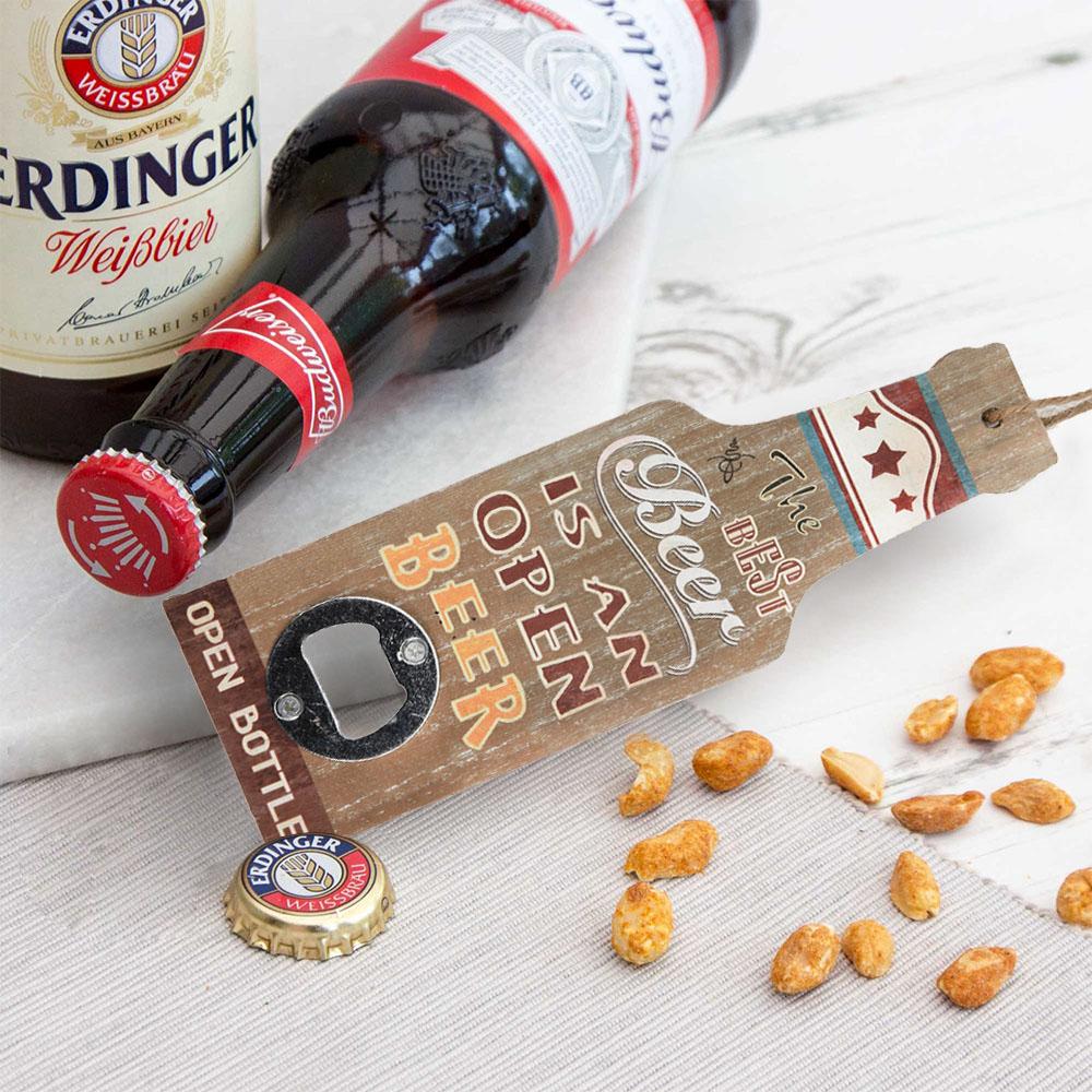 Abridor de botellas de cerveza con cuerda para colgar en la pared